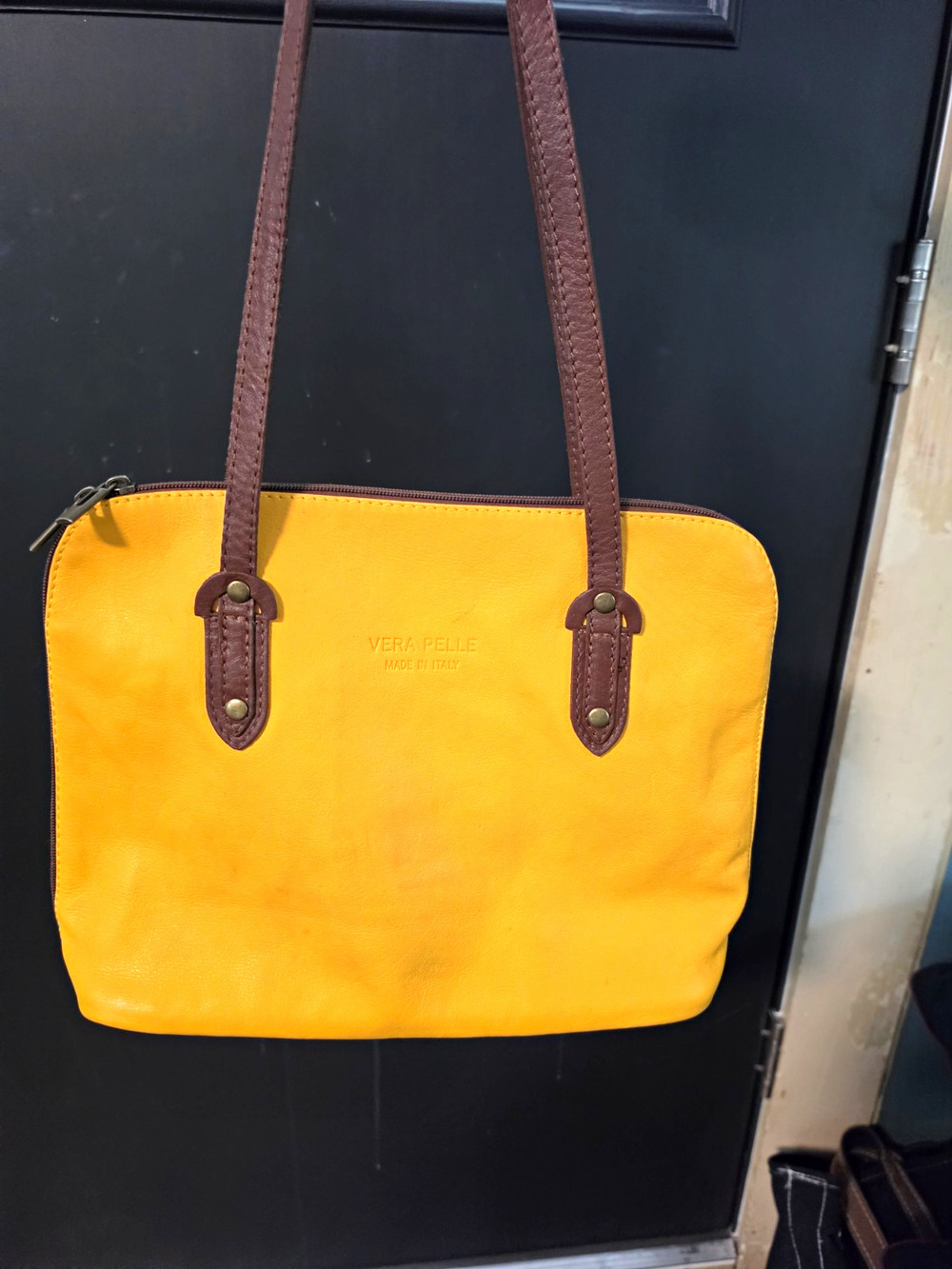 Vera Pelle Italian Mustard Yellow Pebbled Leather Tote Bag Made In Italy